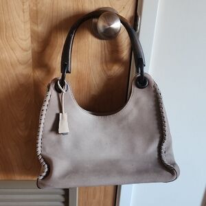 Gucci Tan Shoulder Bag with Suede-like Texture, Whipstitch Detail, Wood Handle